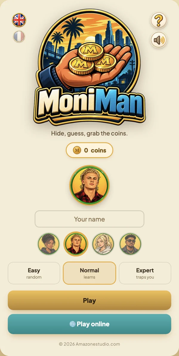 Écran d'accueil de MoniMan : choix de l'avatar, du niveau et boutons Jouer et Jouer en ligne
